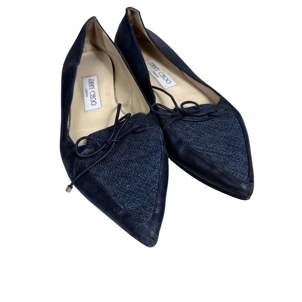 Jimmy Choo Pointed Toe Flats Womens 38.5 Navy Blue Leather Fabric Bow Logo